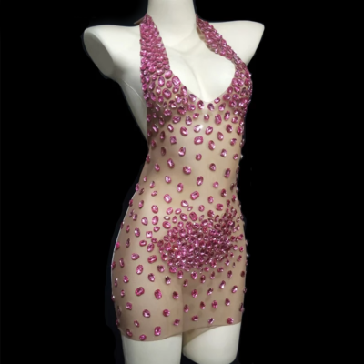 Pink Crystal Jewel Bling See Through Mesh Dress Rhinestone Sheer Nude Mini  Dress | eBay