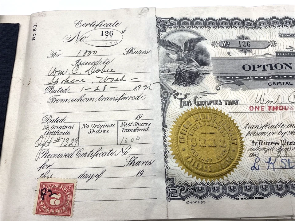 Libro certificado de acciones de Idaho Mining Option Company condado de Shoshone  Foto 3 de 4