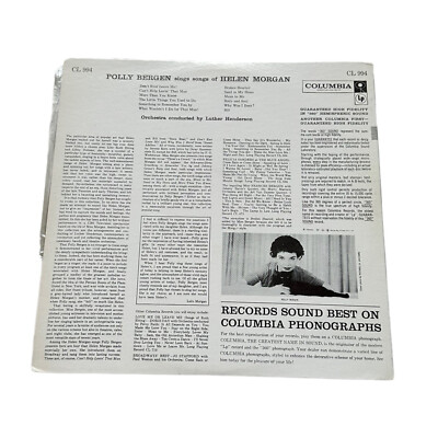 Polly Bergen Bergen Sings Morgan LP Vinyl Columbia Records CL 994