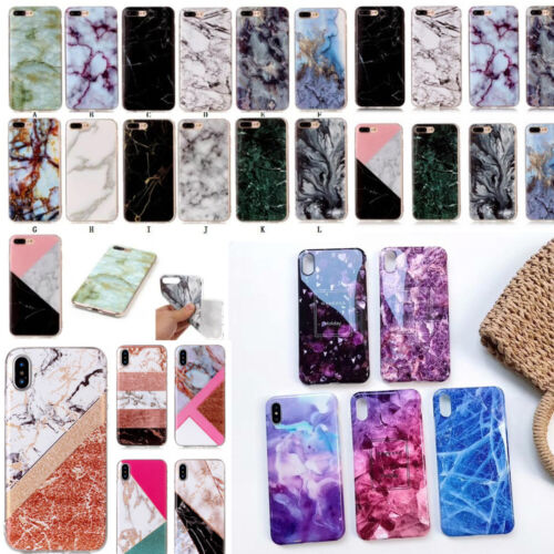 Glossy Back Granite Marble Effect Phone Case Cover iPhone 5 6 7 8 Plus X XR XS - Afbeelding 1 van 32