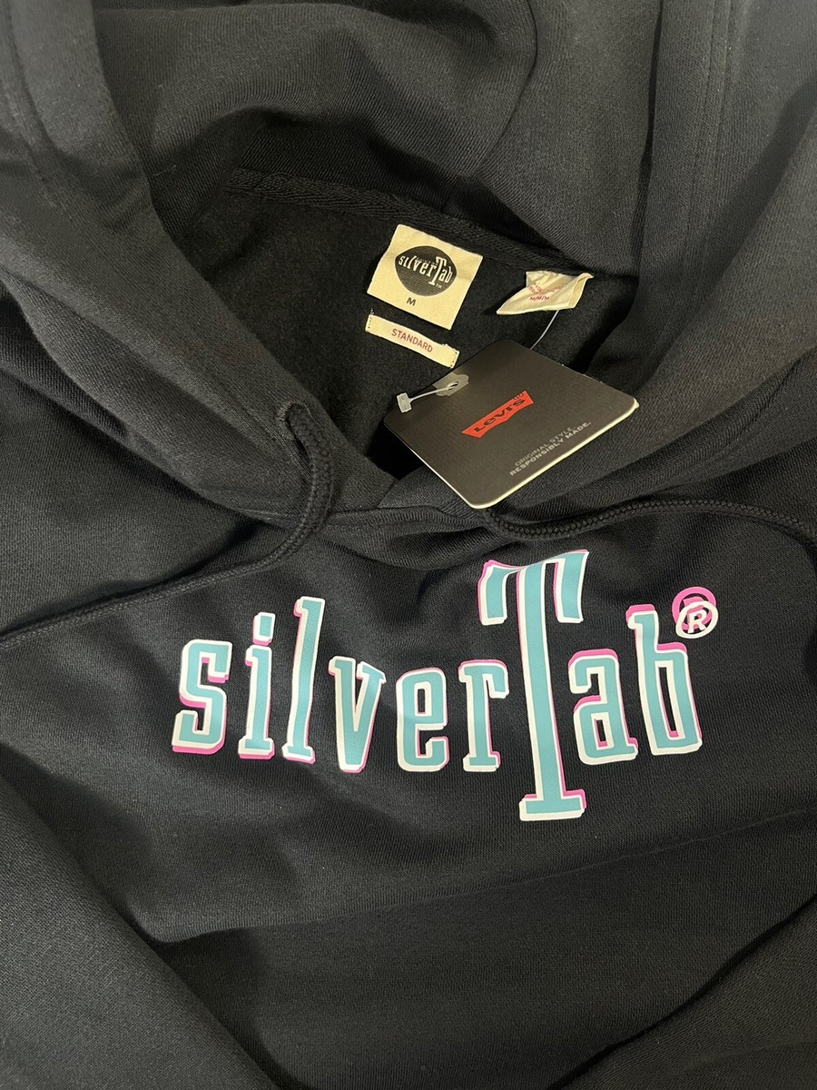 LEVI'S SILVERTAB Pullover Hoodie M Black Graphic Logo Fleece Lined