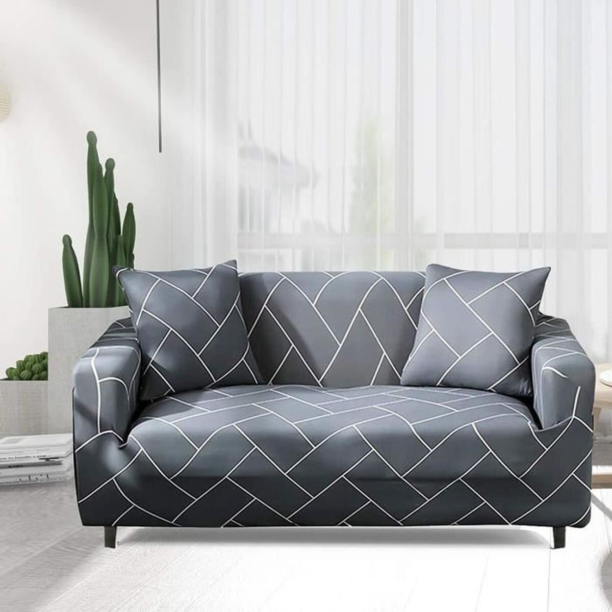 Housse de canapé 3 places avec accoudoirs extensible gris tissu jacquard