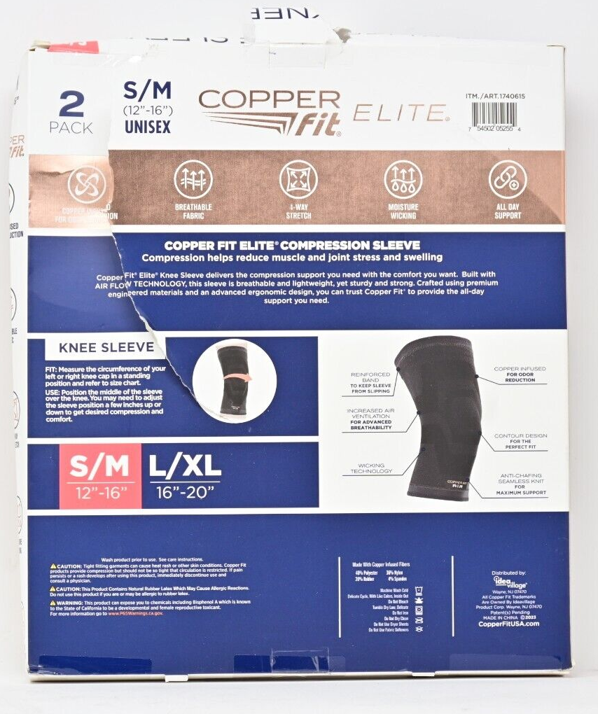 Elite Copper Fit Knee Compression Sleeve Flexible S/M 12"-16", 2-PACK ...