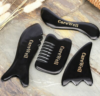 4 Pcs Gua Sha Massage tool Black Buffalo Horn Guasha Facial Body Scraping Board