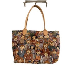 Tapestry Tote Handled Purse With Children  s Faces Cottage Vintage Zip Close Fun