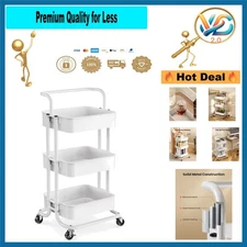 Piuc 3-Tier Mesh Utility Cart – Metal, Lockable Wheels, White, Heavy Duty