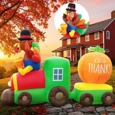 6FT Thanksgiving Inflatable Turkey Train with LED Lights for Yard & Autumn Decor