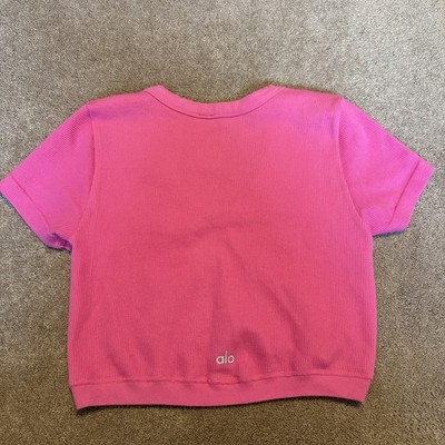 alo ピンク クロップドTシャツ Alo Yoga Seamless Ribbed Crop Serene Short Sleeve Top Shirt Medium