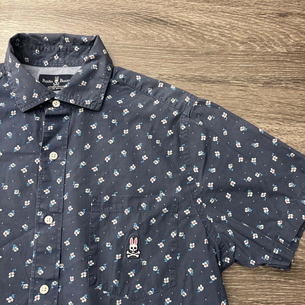 Psycho Bunny Shirt Button Up Short Sleeve Mens Size Small Blue Pattern Logo