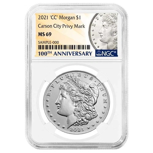 2021 $1 Morgan Silver Dollar "CC" Privy Mark NGC MS69 100th Anni. Label