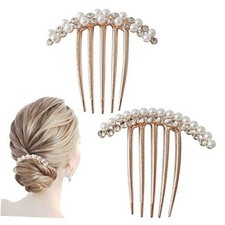 2 Pcs Pearl Hair Side Combs Clip Crystal Rhinestone Hair Combs for Women