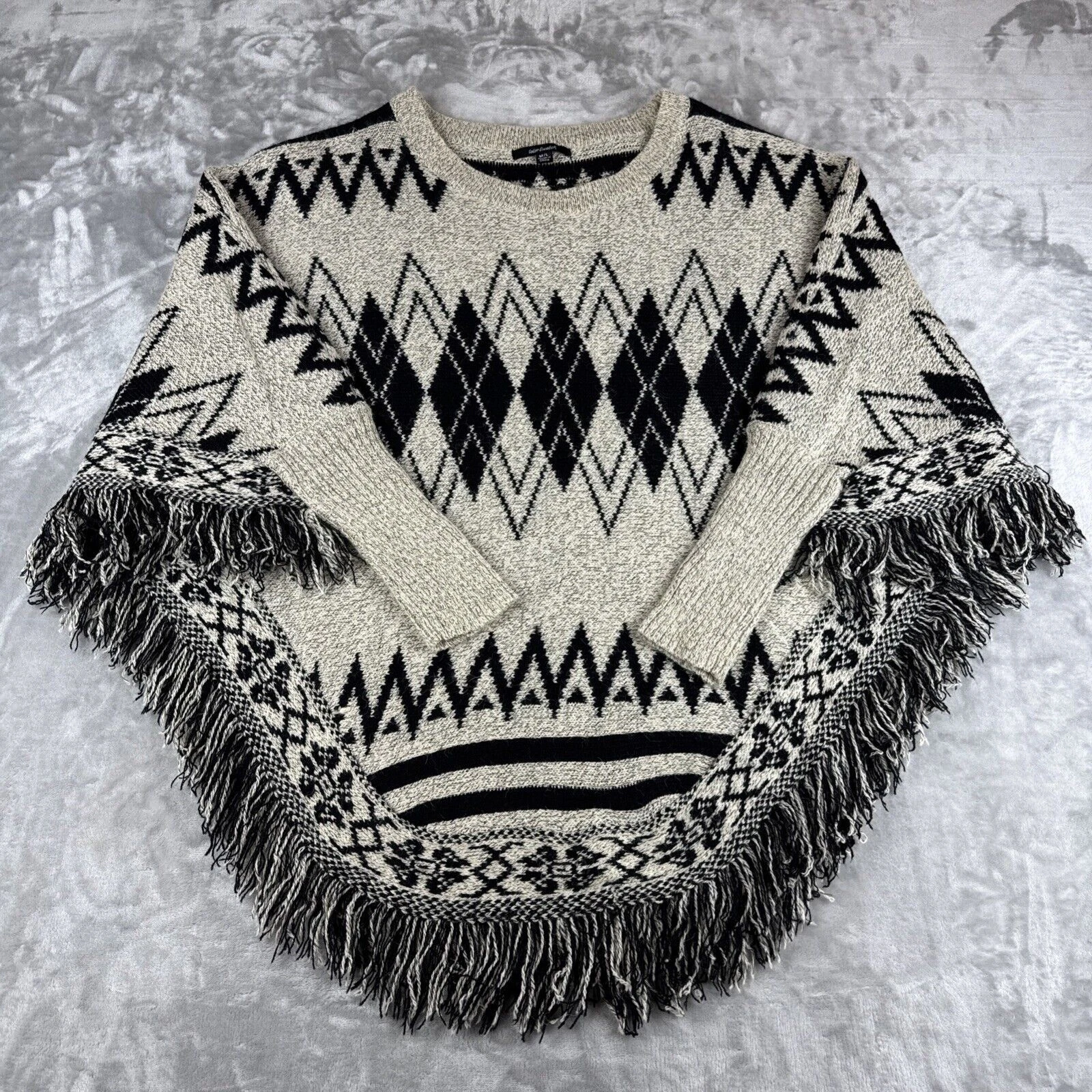 Color Swatch Poncho Sweater Women's M/L Gray Black Aztec Tribal Fringe (1047)