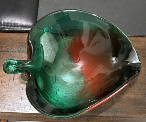 Gorgeous Vintage Murano Art Glass Leaf Ashtray or Candy Dish Green & Red 7 1/4"