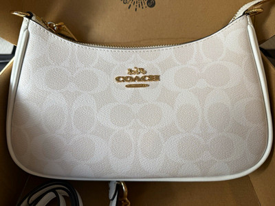 Coach Umhängetasche klein Canvas/Leder weiß Logo, gold Hardware, ZIP, CA548