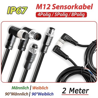 M12 Sensorkabel Stecker oder Buchse, gerade und gewinkelt 4P bis 8 Polig 2 Meter