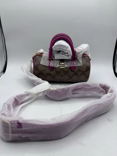 Tracolla Coach CB874 in pizzo nuova con etichette in tela e pelle kaki cerise firmata