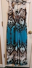 Kathy Roberts Maxi Dress Women 12 Brown Turquoise Sleeveless V Neck Boho Western