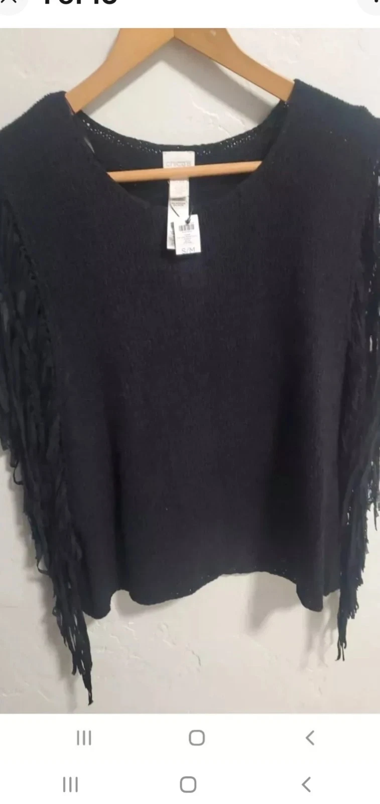 Chico’s Black Tarrin Fringe Poncho Size Small/Medium Loose Knit