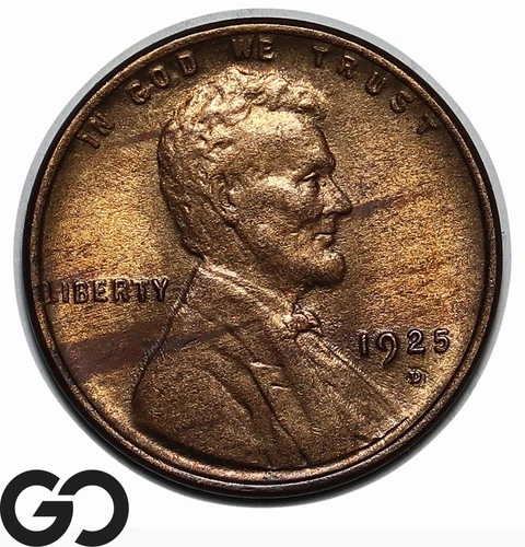 1925-D Lincoln Cent Wheat Penny Woodgrain Tone, Red Brown Solid Gem BU++