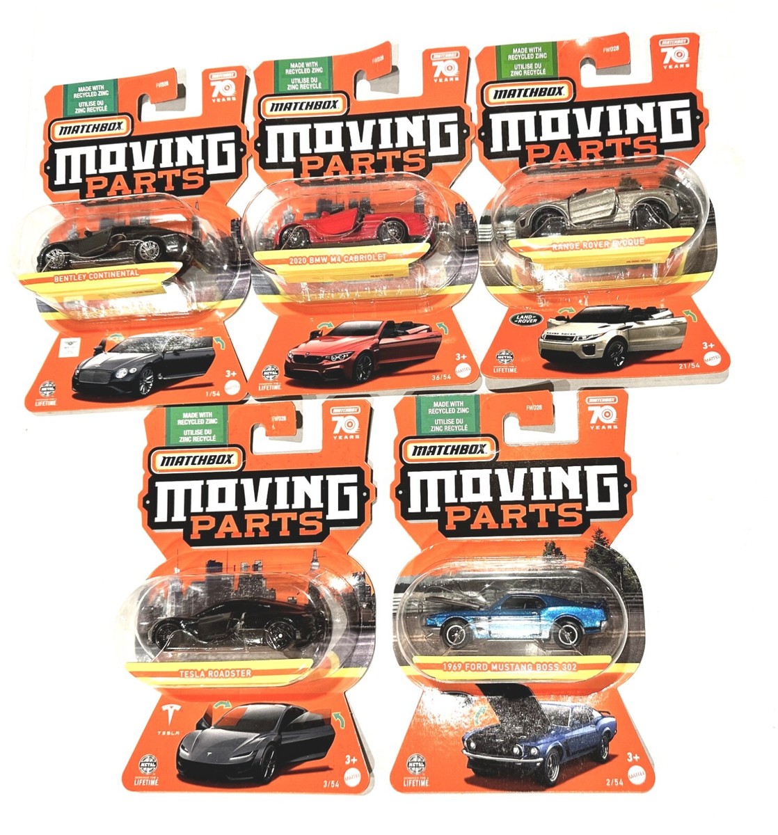 5 cars Complete Set - 2023 Matchbox Moving Parts Mustang, Tesla