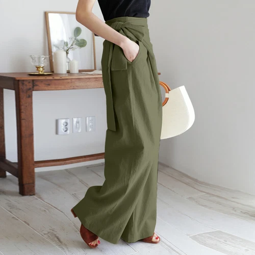 Damen High Waist Wickelhose Lange Hose Freizeit Locker Weites Bein Damen Palazzo - Bild 6 von 23