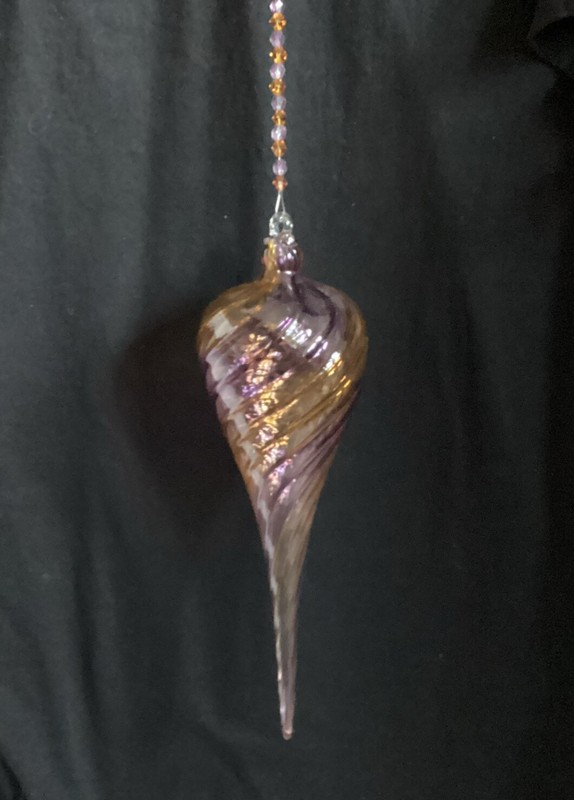 Hand Blown Glass Ornament Amber Purple Swirl Tear Drop 9.5” On Beaded wire