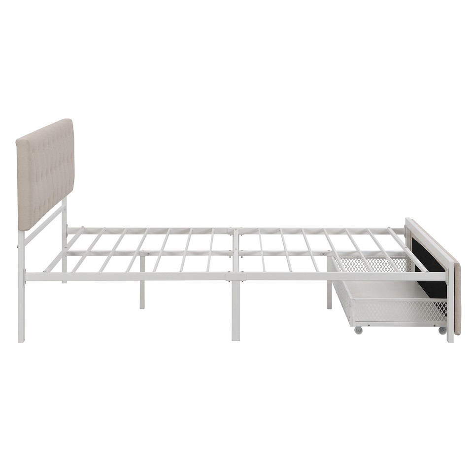 Storage Bed Metal Platform Bed with a Big Drawer Beige Queen