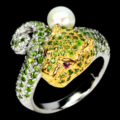 CHROMDIOPSID & SÜSSWASSERPERLEN 2-FARBIG TIGER RING 925 STERLINGSILBER 14K WGP