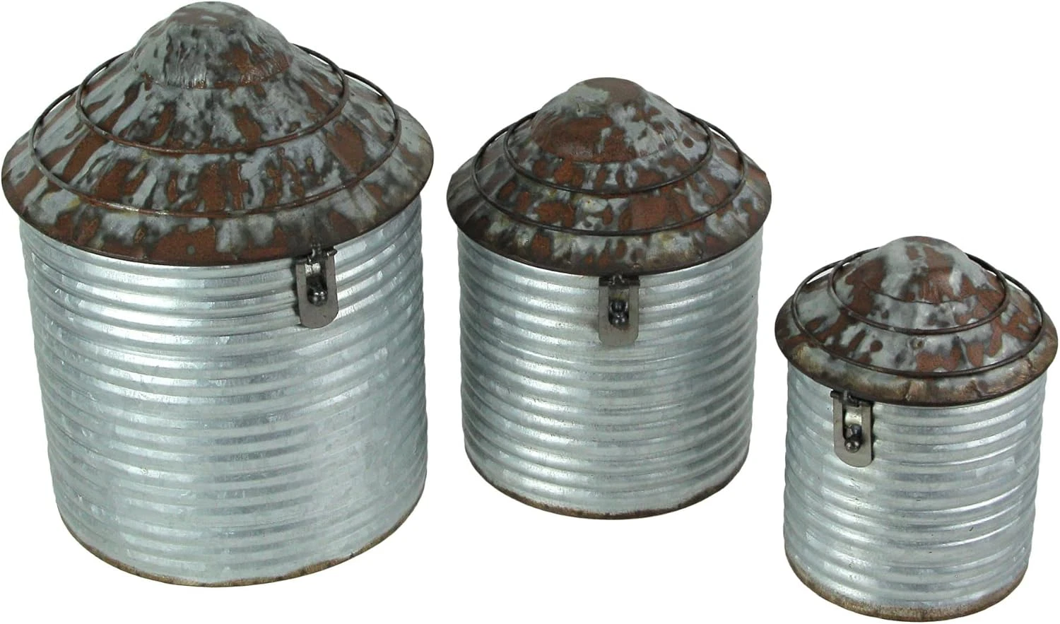 Vintage Farmhouse Galvanized Metal Silo Canisters - Set of 3 Decor Accents
