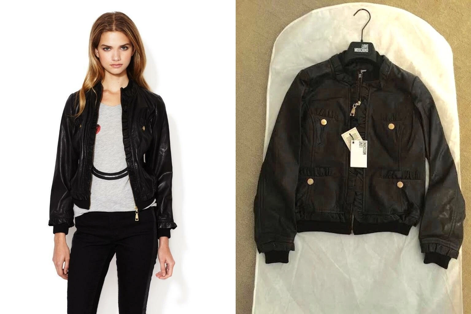 Giacca Love Moschino Pelle Ruffle Cerniera MORBIDA NERA Marrone Cerniera