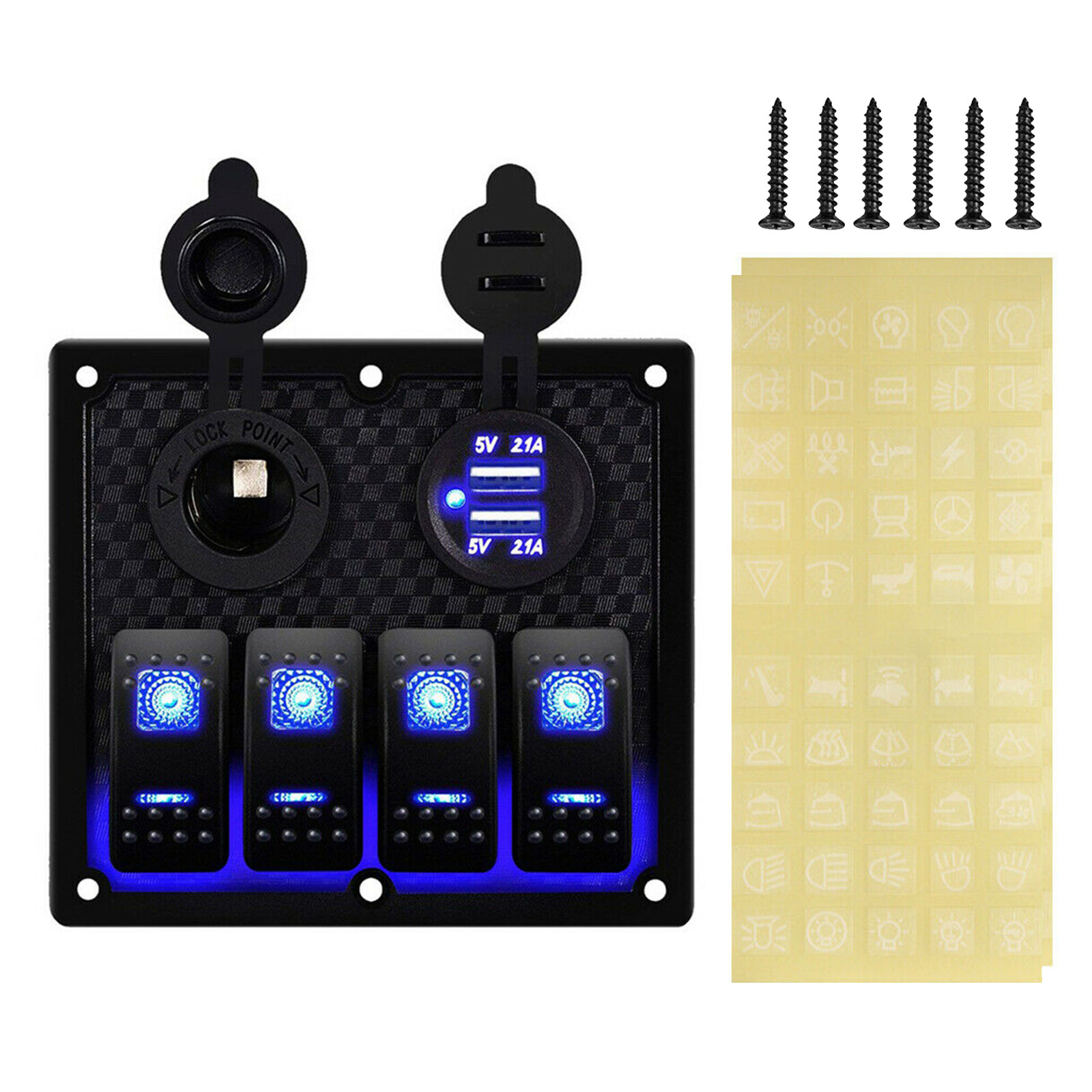 4 Gang Switch Panel 12V /24V Car Boat Marine Blue LED Rocker Breaker Waterproof