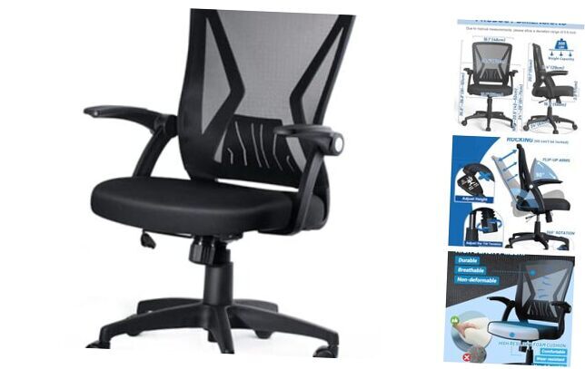 Mid Back Mesh Office Chair Ergonomic Swivel Black Mesh Computer Chair Flip Up