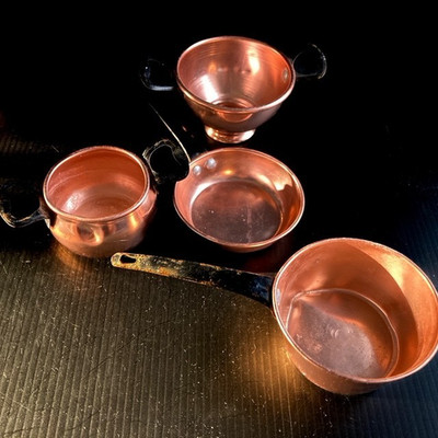 Copper Colored Mini Cookware Toy Kitchen Pots Display MCM with wear see photos