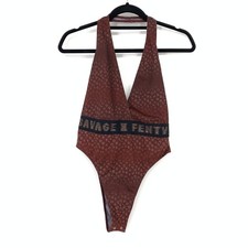 Savage X Fenty Bodysuit Women's Size M Logo Plunge Halter Neck Maroon