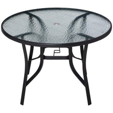 Image of 106cm Round Garden Dining Table with Parasol Hole Tempered Glass Top Steel Frame