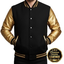 Leather Sleeves Varsity Black Golden Letterman Baseball Banded Collar Jacket