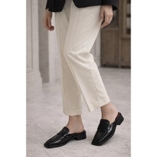 Franco Sarto Women Black Patent Leather Square Toe Penny Loafer Mules Block Heel