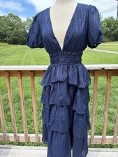 Lulu's Tier Sz M Dark Blue Metallic Puff Sleeves Midi Stretchy Waist Dress