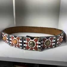 VTG Hippy Brown Leather Brass Bone Belt BOHO Enamel