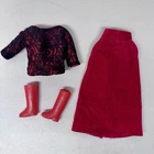 VTG 1960s Barbie Red Black Outfit Handmade Corduroy Skirt Top Hong Kong Boots