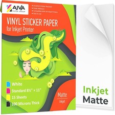 Printable Vinyl Sticker Paper for Inkjet Printer - Matte White - 15 Self-Adhe...