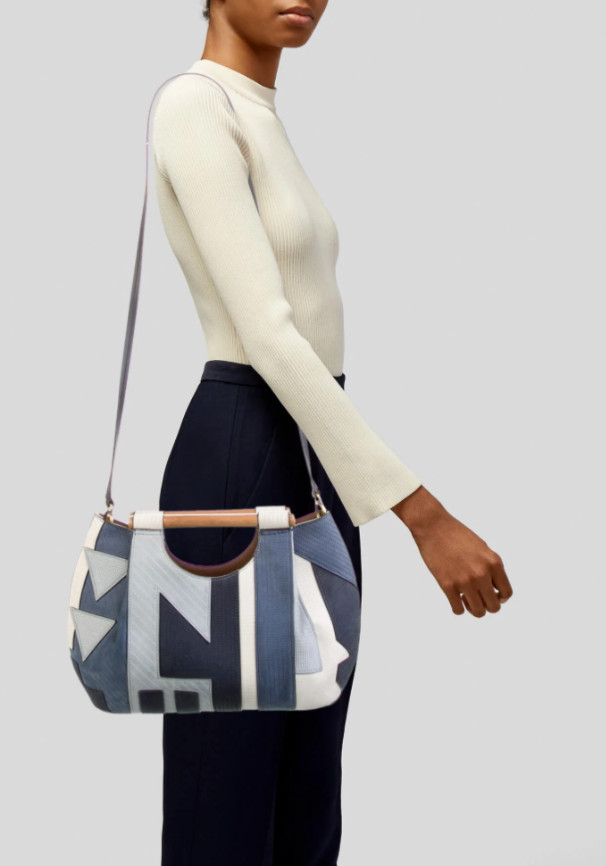 TORY BURCH Dowel Patchwork Nubuck Round Tote Wood… - image 1