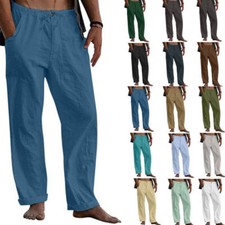 Summer Men's Trousers Elasticated Drawstring Linen Loose Pants Cotton Yoga Beach