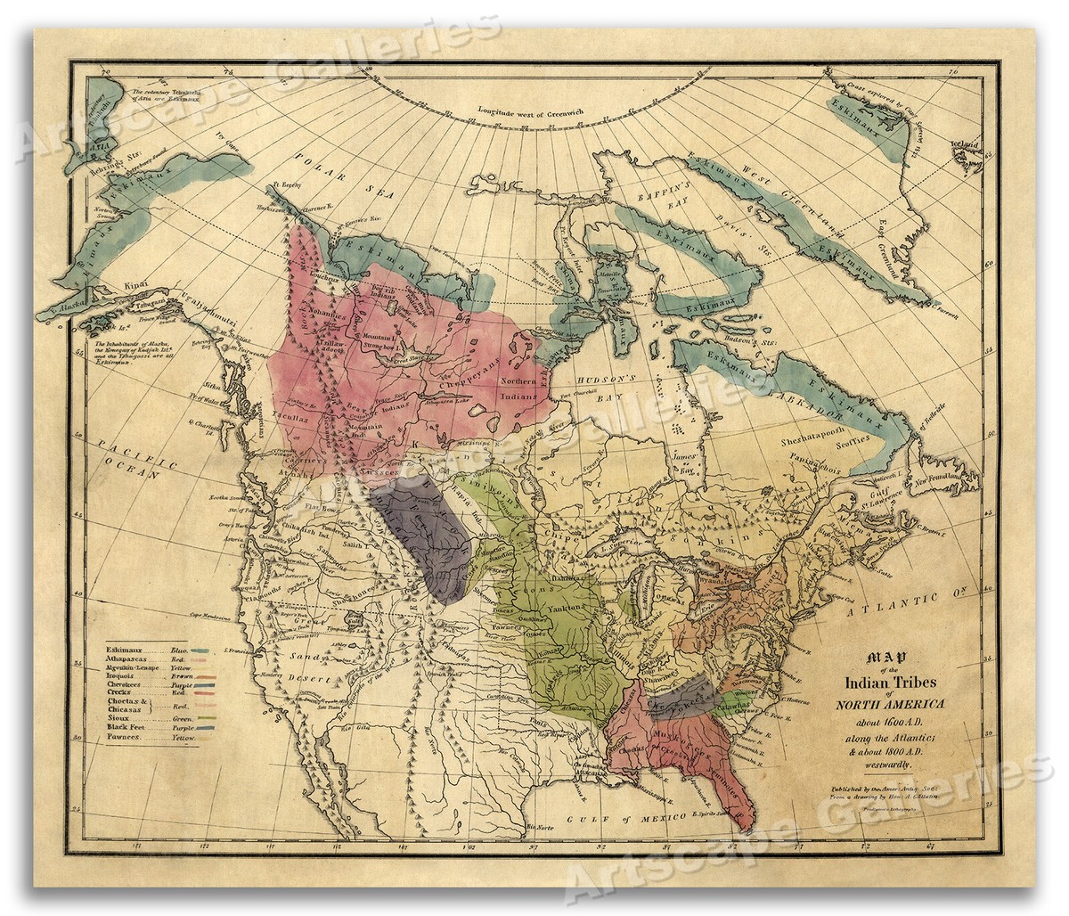 1836 Map of Native American Indian Tribes of North America