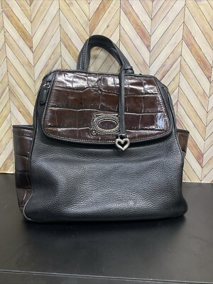 brighton backpack purse leather Flat Front Medium Grey Alligator On Backpack BRIGHTON Black Leather & Brown