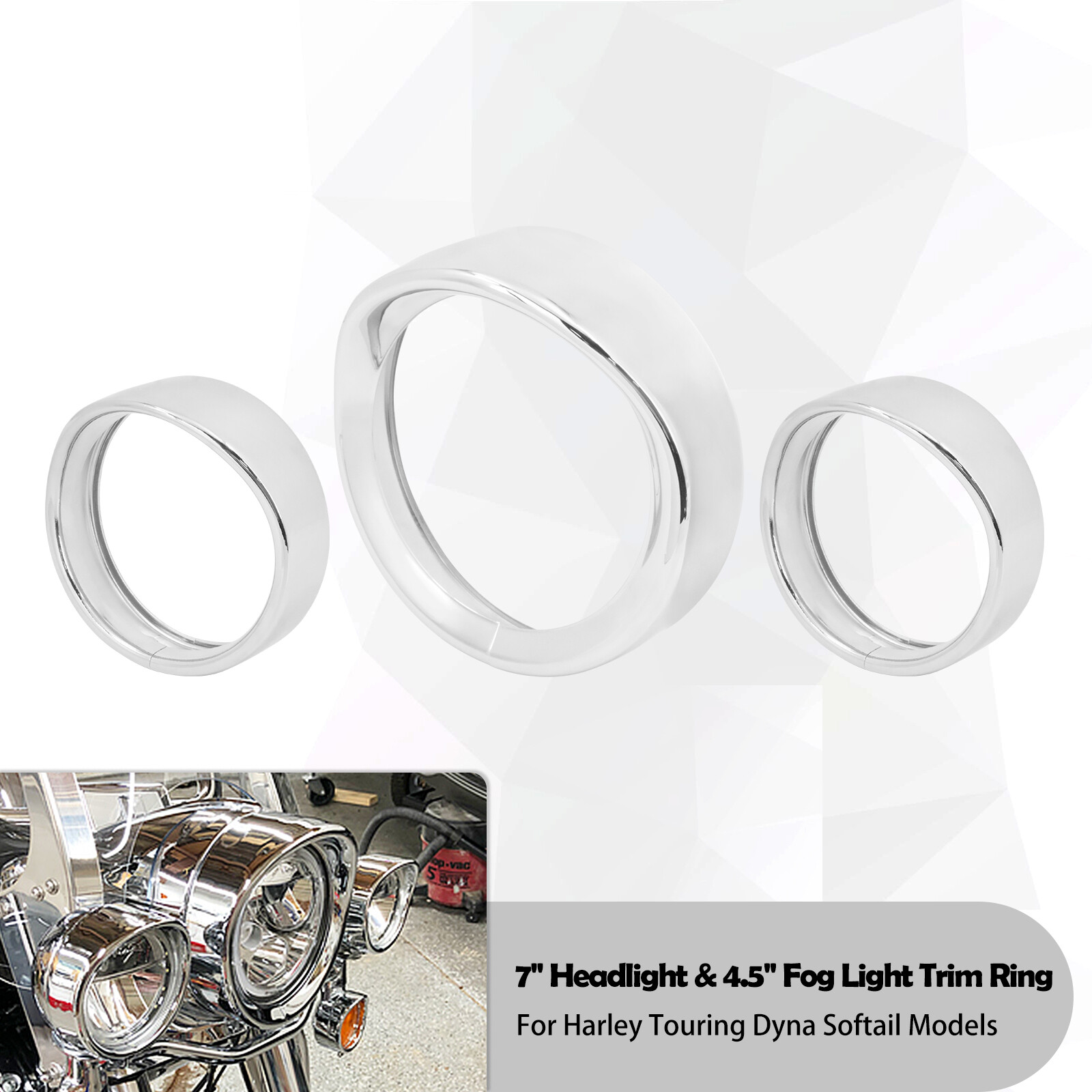 7″ Headlight & 4.5″ Passing Lamp Trim Ring Bezel Visor Set For Harley