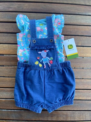 John Deere Infant Girls 3-6 mos Shirt And Shortalls Set NWT