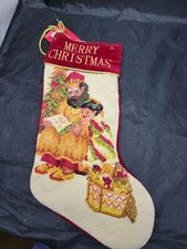 Christmas Needlepoint Stocking Man Reading to Girl 17.5" Gold Tassel / Wool
