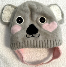 Hat 12-24 Mo Bear Winter Beanie Chinstrap Lined Gray Pink Toddler Knit Soft