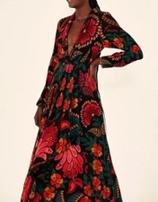 Farm Rio Plunging Long Sleeve Floral Maxi Dress A-line Size XS